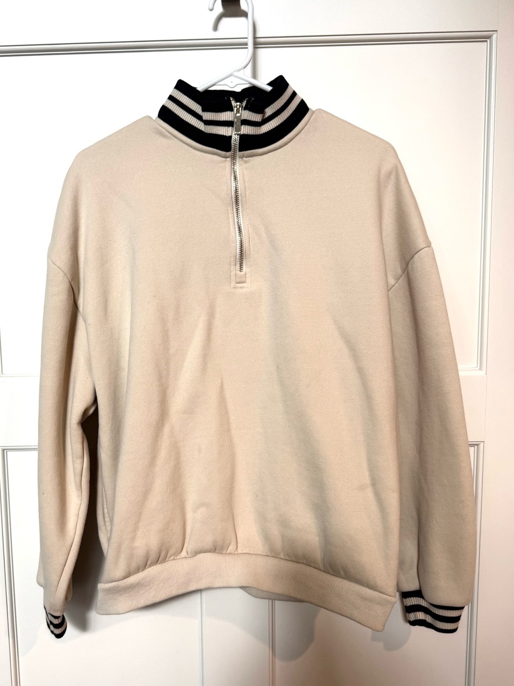 Vici Cream Zip-Up Sweater with Black-Striped Collar